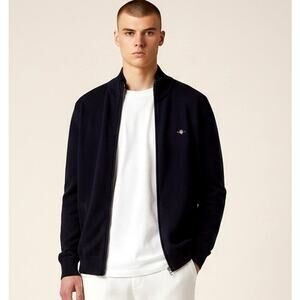 GANT Super Fine 100% Lambswool Sweater Mens M Navy Blue Full Zip Cardigan Wool